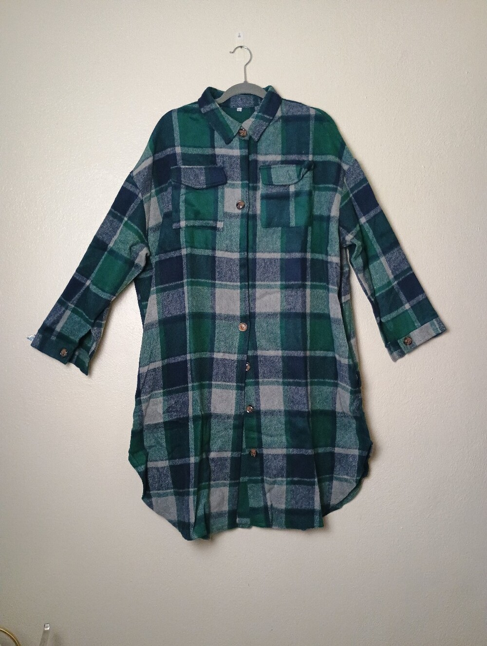 Women's XXL Long Tartan Plaid Fannel Shacket Button-Front Midi Shirt Dress